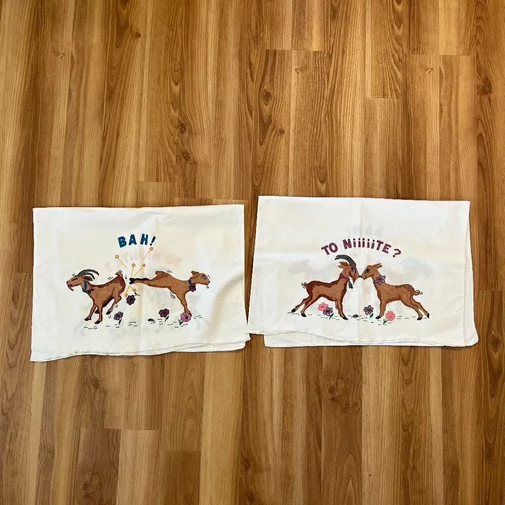 Vintage Hand Painted Set of 2 Pillow Cases W/Billy Goats